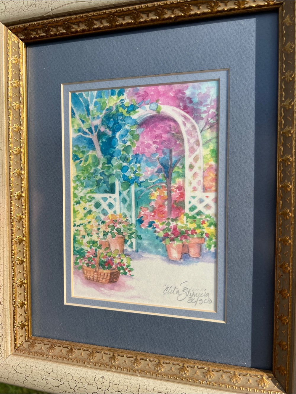Vintage Artist Signed Colorful Flower Garden Watercolor Painting Framed Wall Art